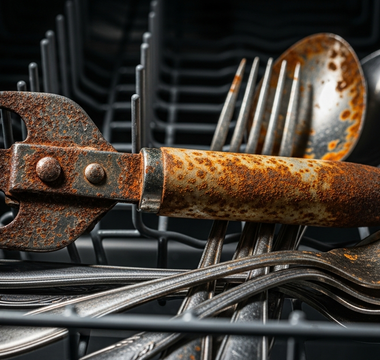 Rusty can opener in dishwasher basket causing rust on silverware and cutlery