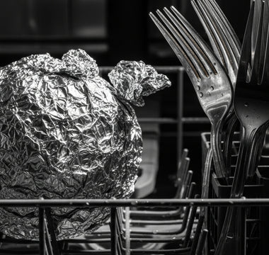 Aluminum foil ball in dishwasher basket next to silverware