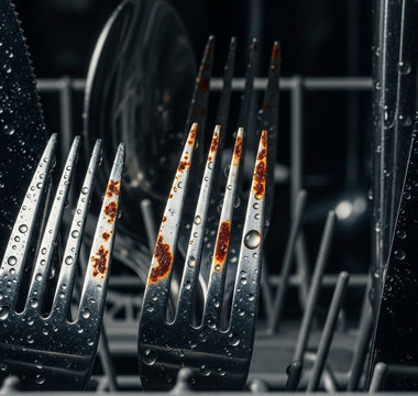 Rust spots on stainless steel silverware in dishwasher rack